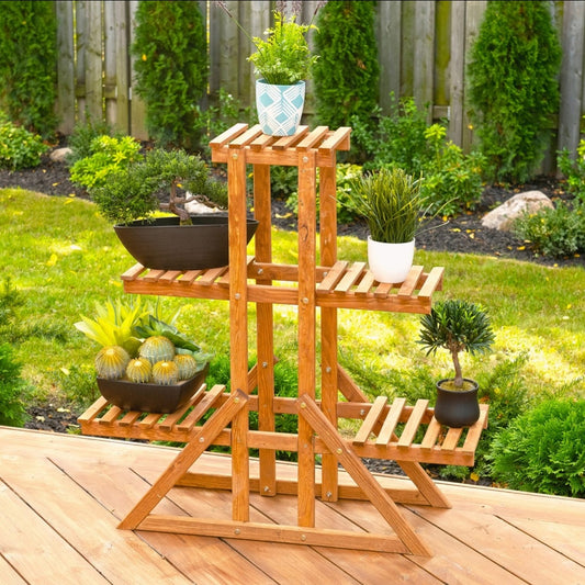 86 cm x 27 cm x 86 cm Wooden 3-Tier Indoor Outdoor Plant Stand